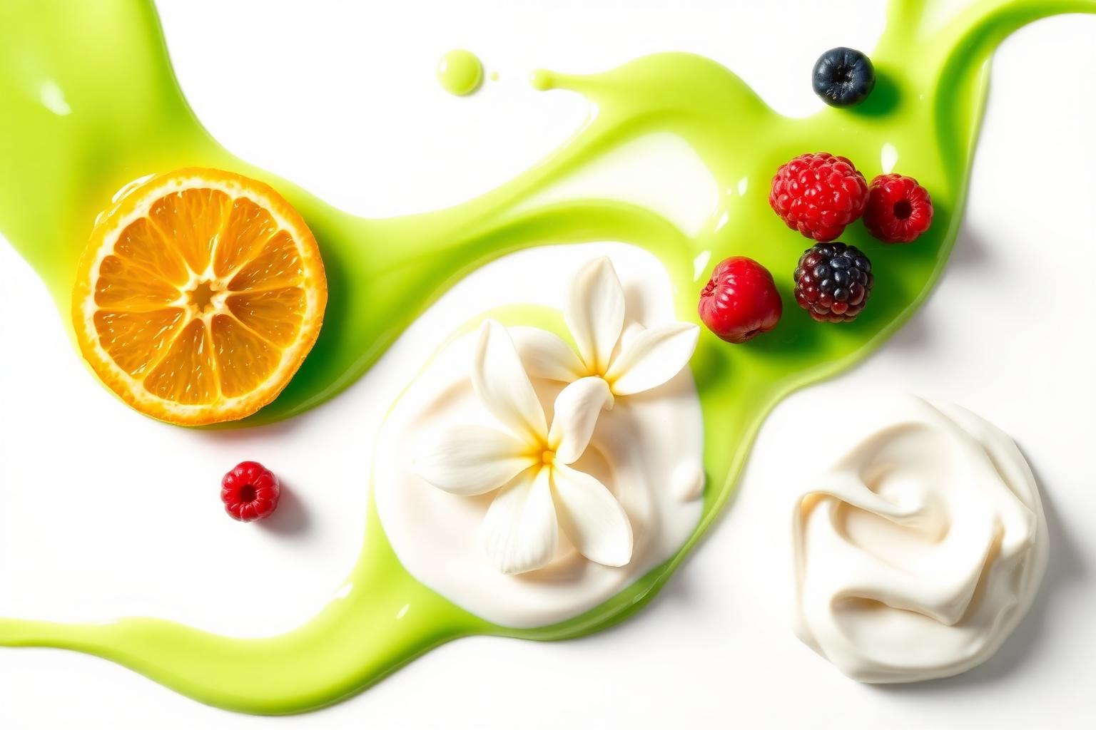 Fresh fruits, cream and a green flavour splash