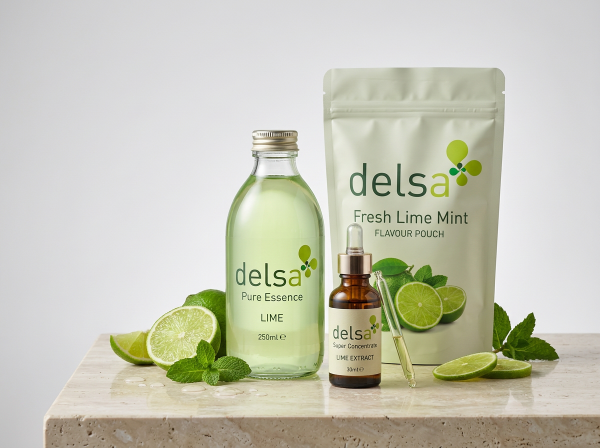 Delsa Flavours product range – branded flavour pouch, pure essence bottle and concentrate dropper